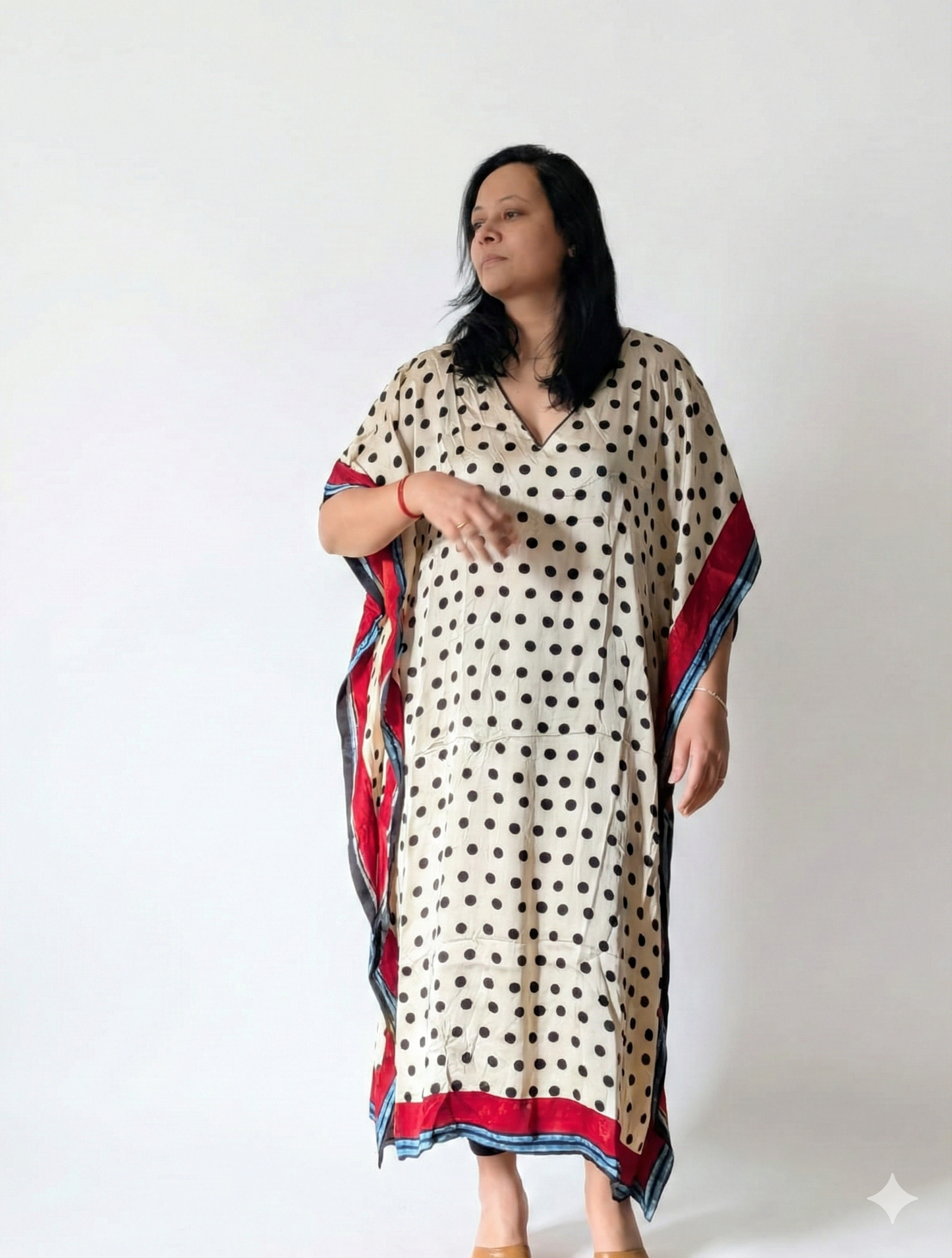 HAND BLOCK PRINTED MODAL SILK KAFTAN - POLKA DOTS