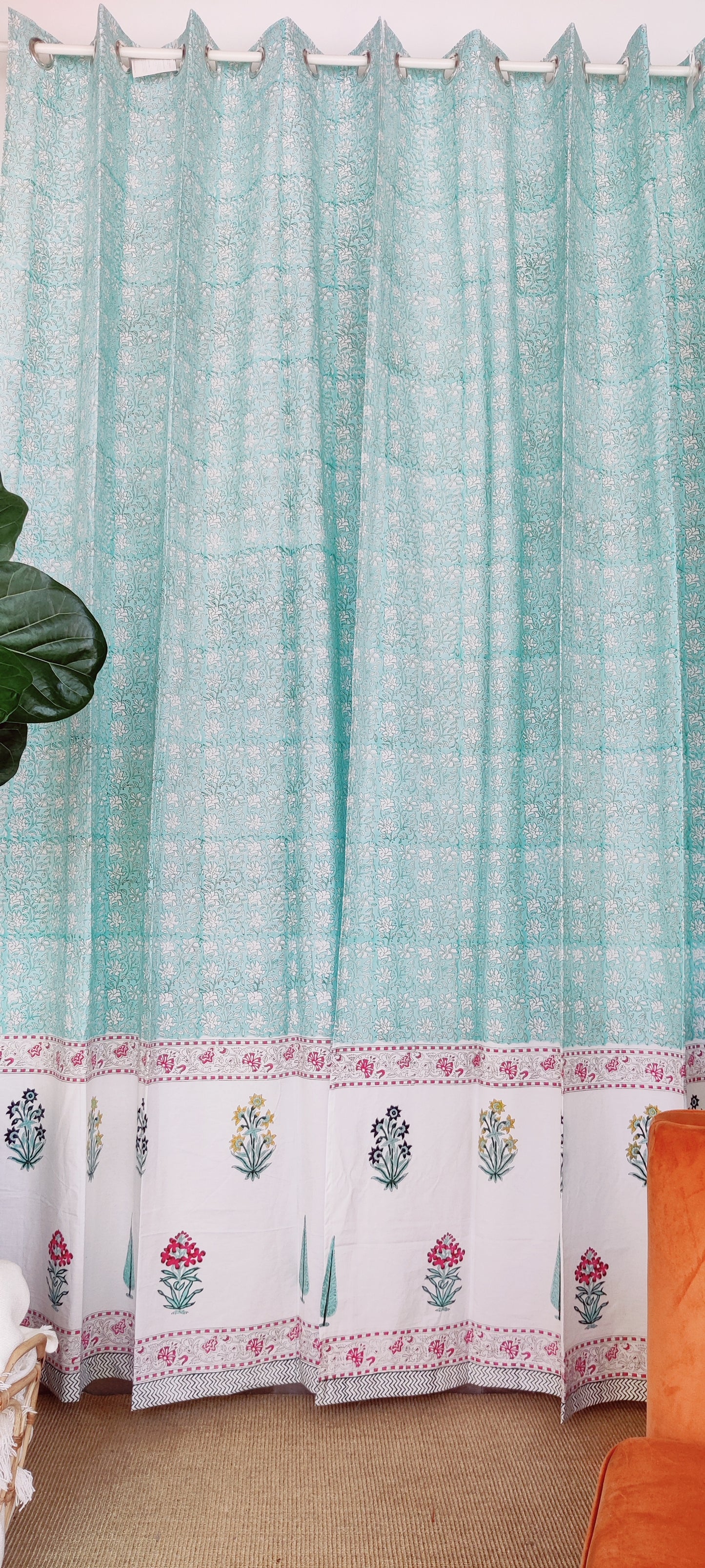 HAND BLOCK PRINTED COTTON CURTAINS - SEA GREEN & WHITE