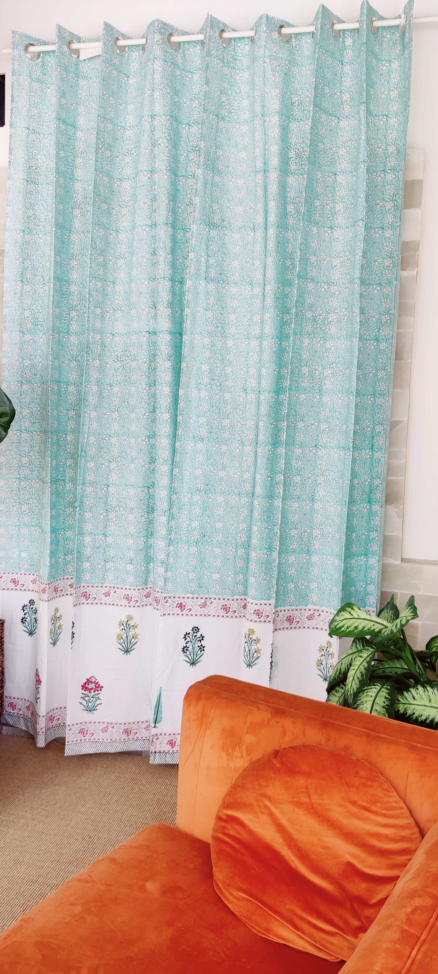 HAND BLOCK PRINTED COTTON CURTAINS - SEA GREEN & WHITE