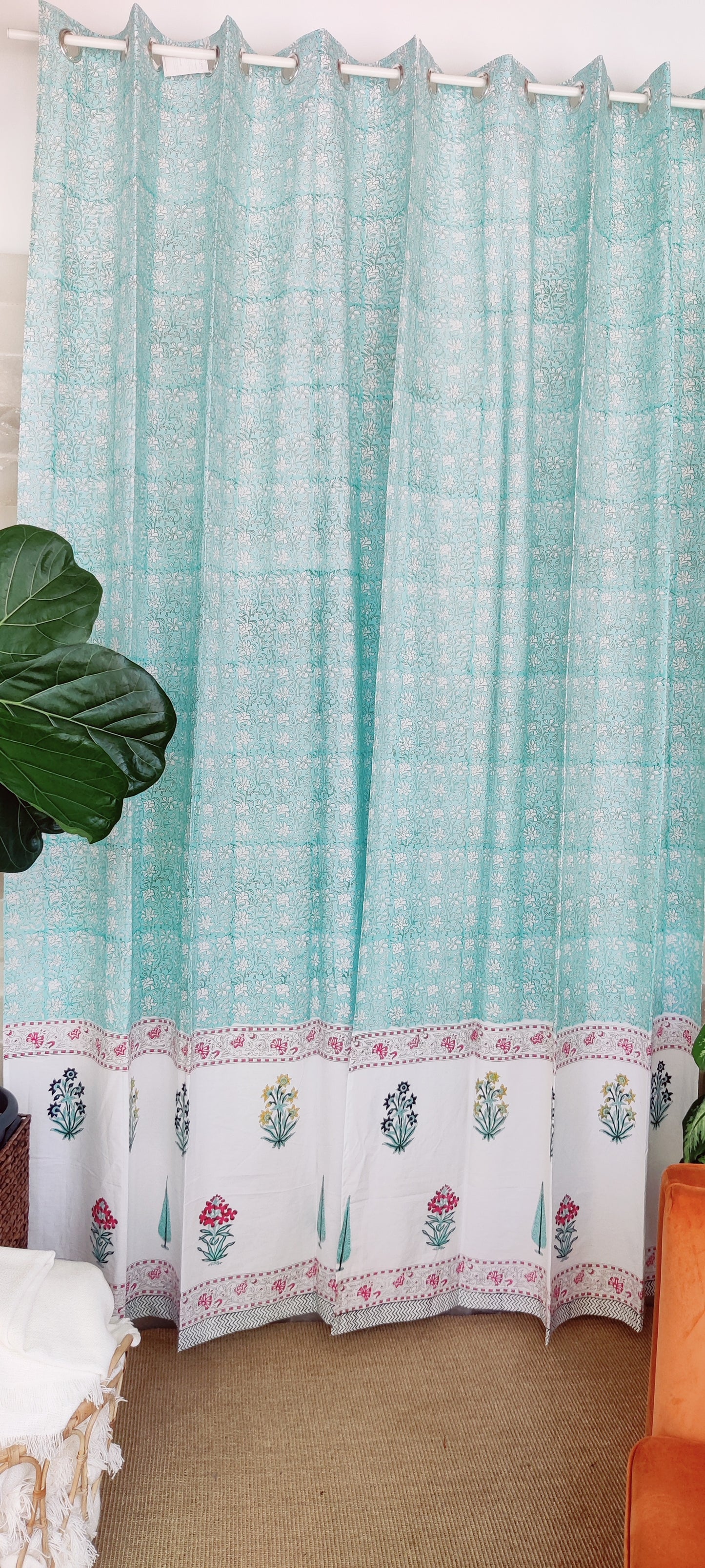 HAND BLOCK PRINTED COTTON CURTAINS - SEA GREEN & WHITE