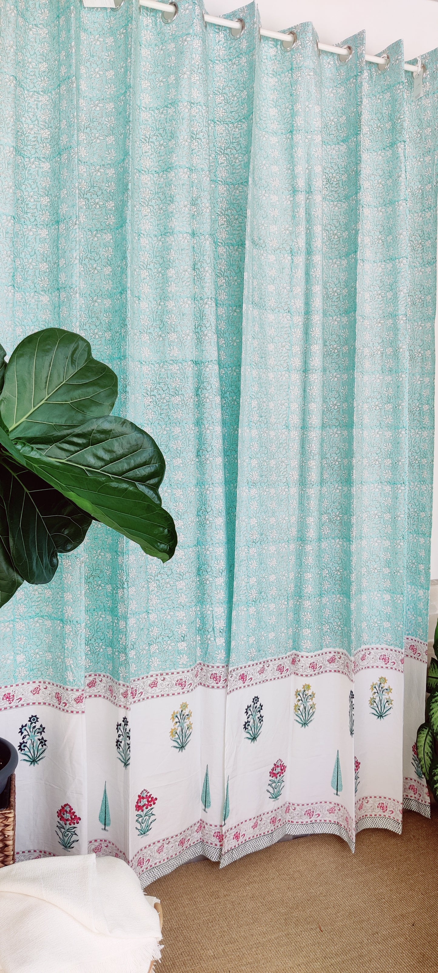 HAND BLOCK PRINTED COTTON CURTAINS - SEA GREEN & WHITE