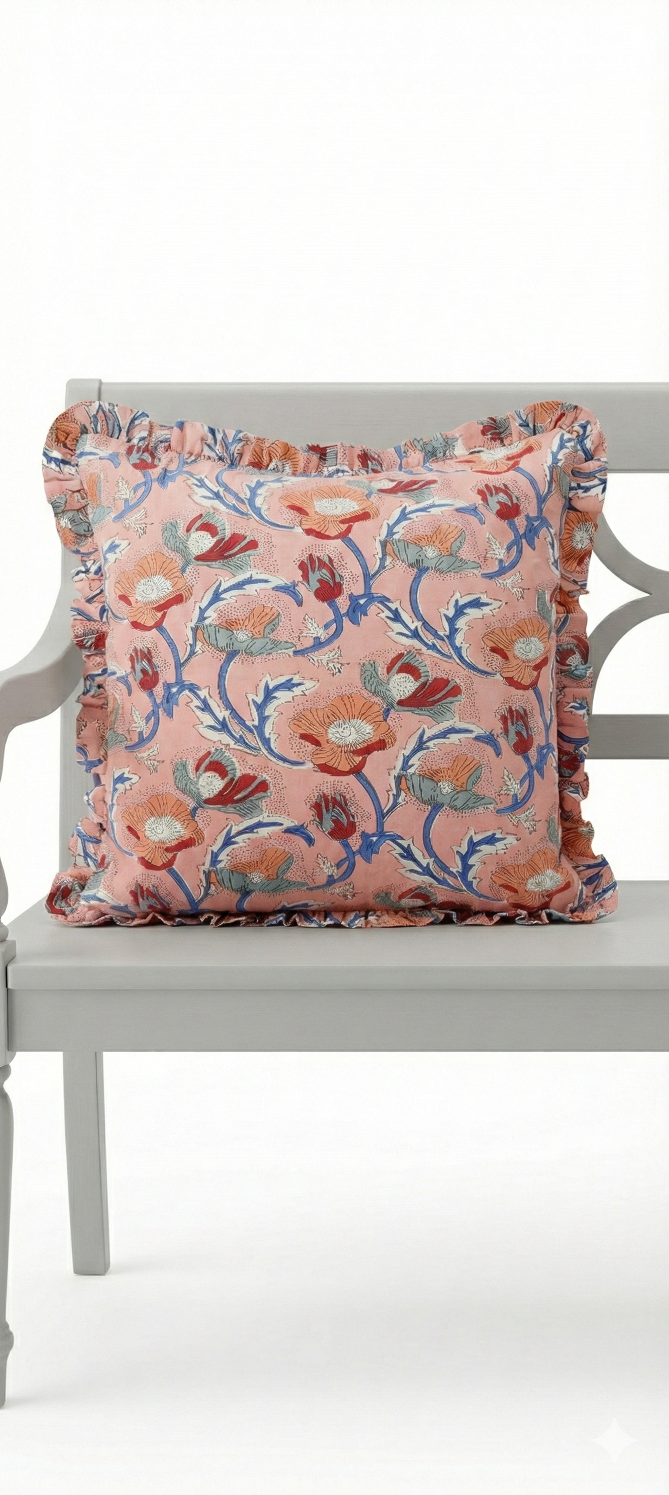 HAND BLOCK PRINTED CUSHION COVER - FLORAL CORAL