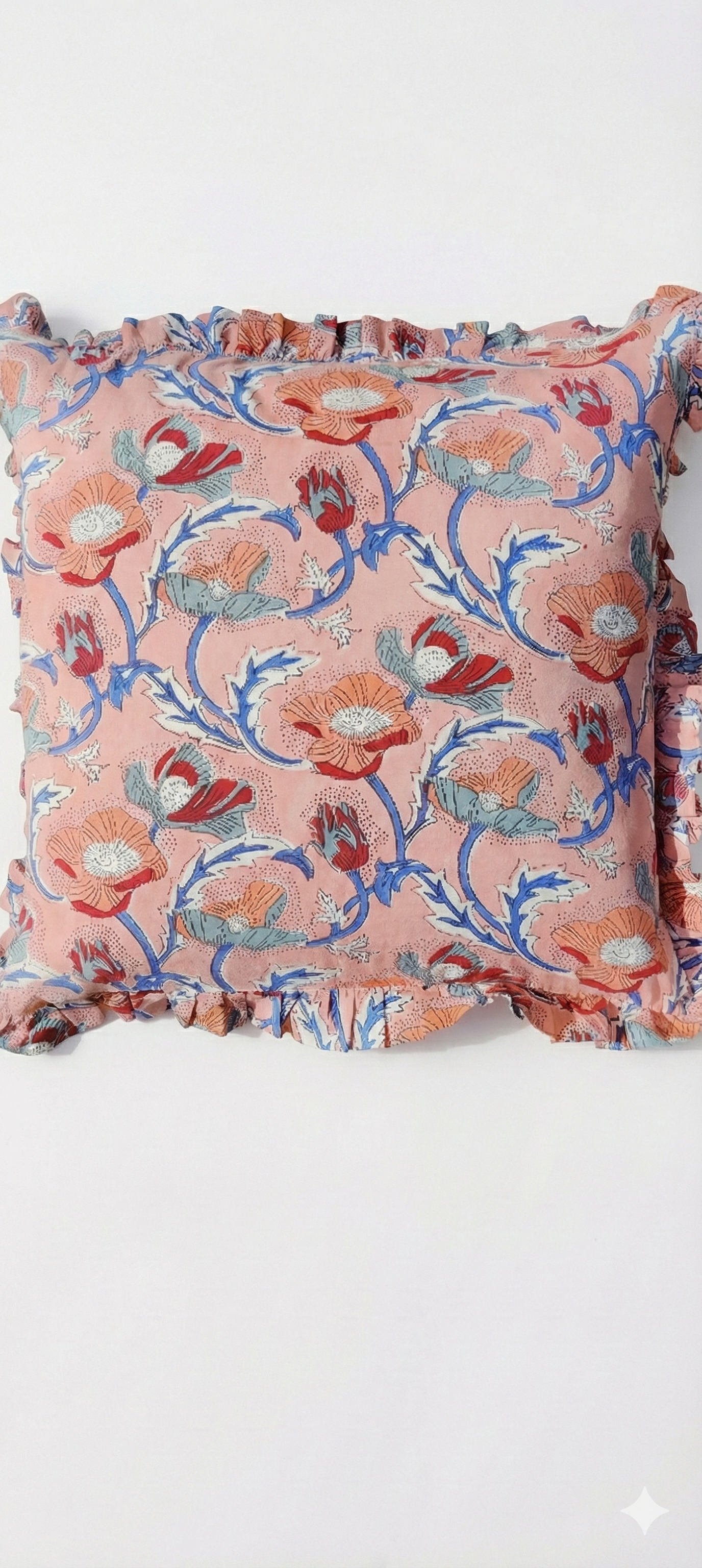 HAND BLOCK PRINTED CUSHION COVER - FLORAL CORAL