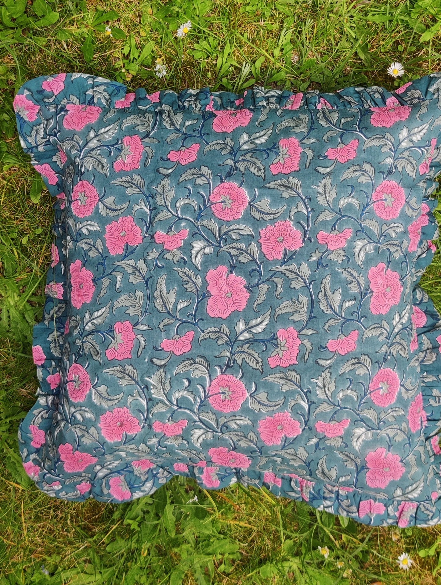 HAND BLOCK PRINTED FRILLED COTTON CUSHION COVER - GREEN AND PINK