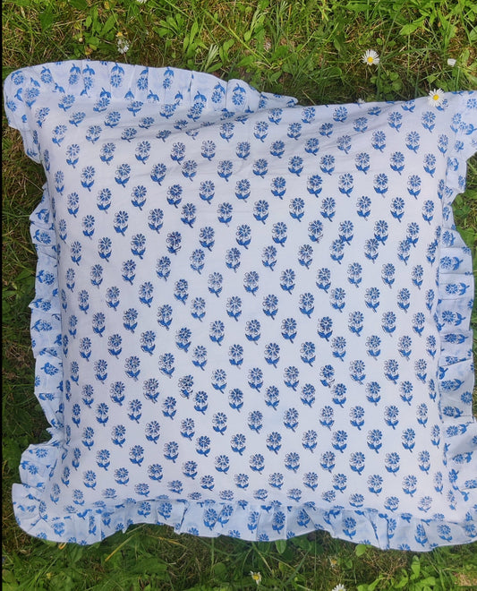 HAND BLOCK PRINTED FRILLED COTTON CUSHION COVER - FLORA BLUE