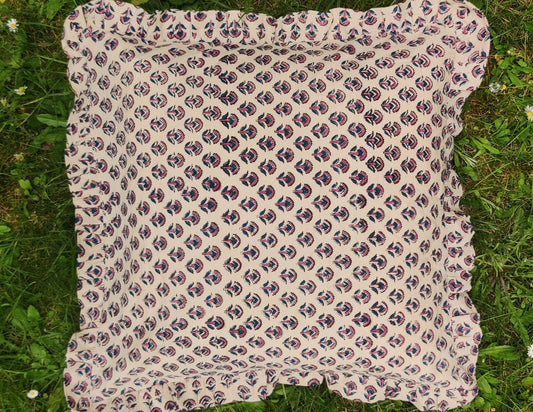 HAND BLOCK PRINTED FRILLED COTTON CUSHION COVER - PINK AND BLUE MOTIF