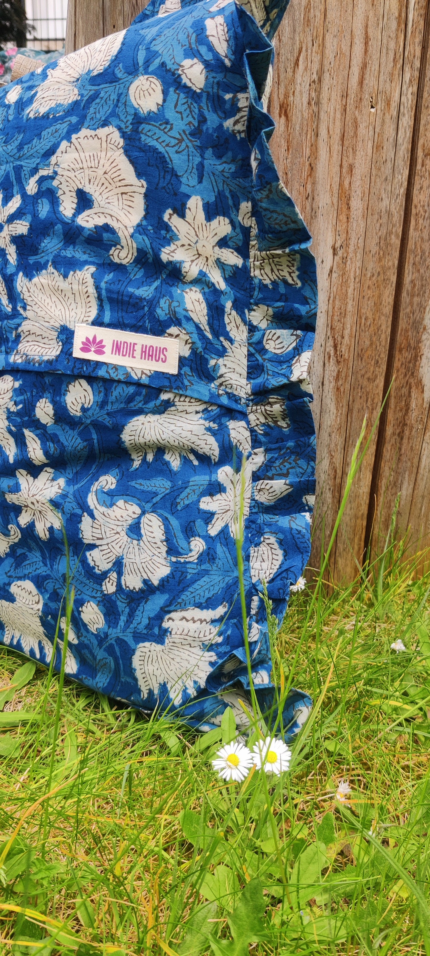 HAND BLOCK PRINTED FRILLED COTTON CUSHION COVER - INDIGO