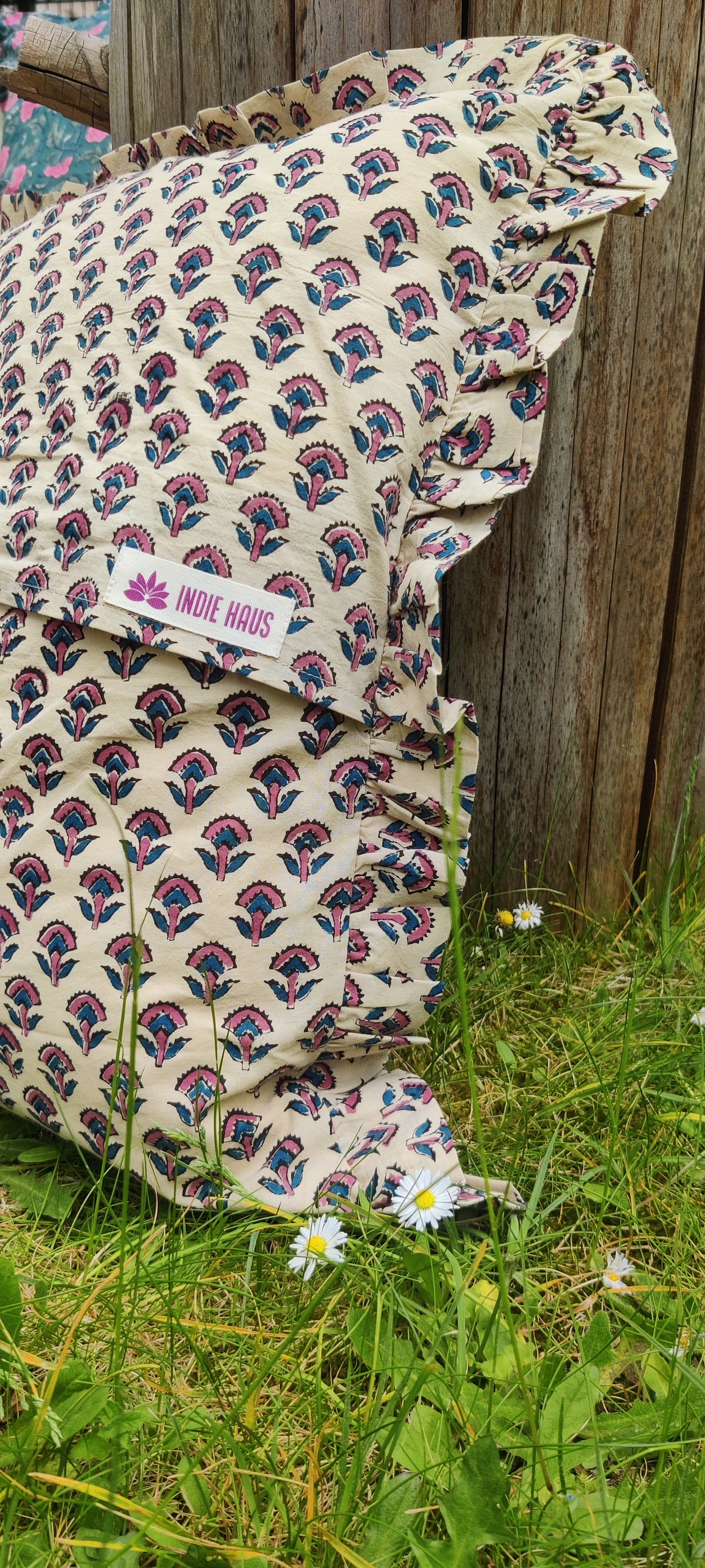 HAND BLOCK PRINTED FRILLED COTTON CUSHION COVER - PINK AND BLUE MOTIF