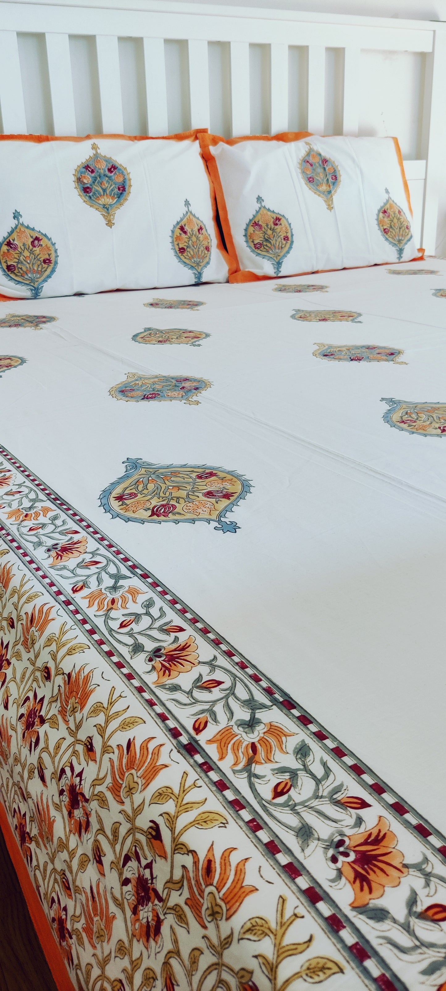 WHITE-ORANGE COTTON HAND BLOCK PRINT FLAT SHEET