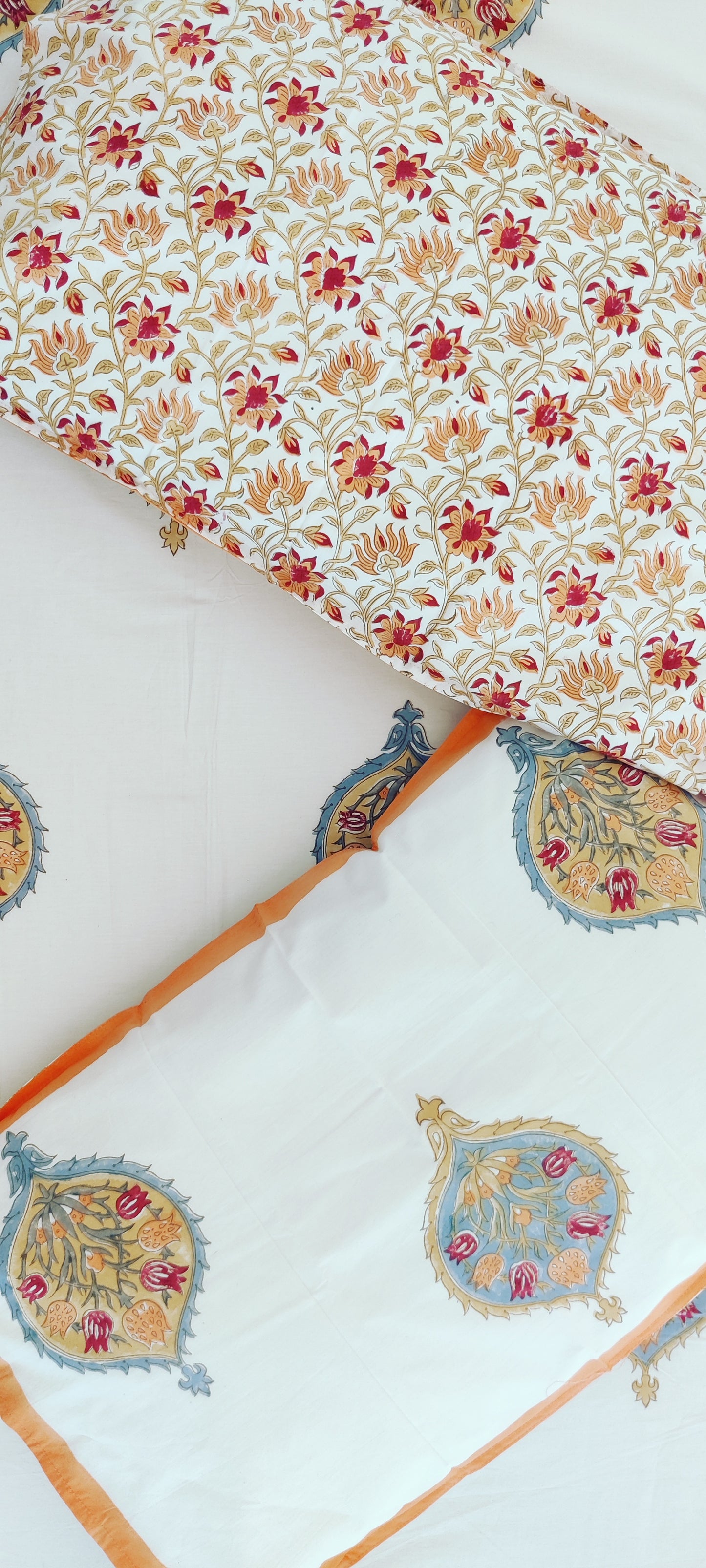 WHITE-ORANGE COTTON HAND BLOCK PRINT FLAT SHEET