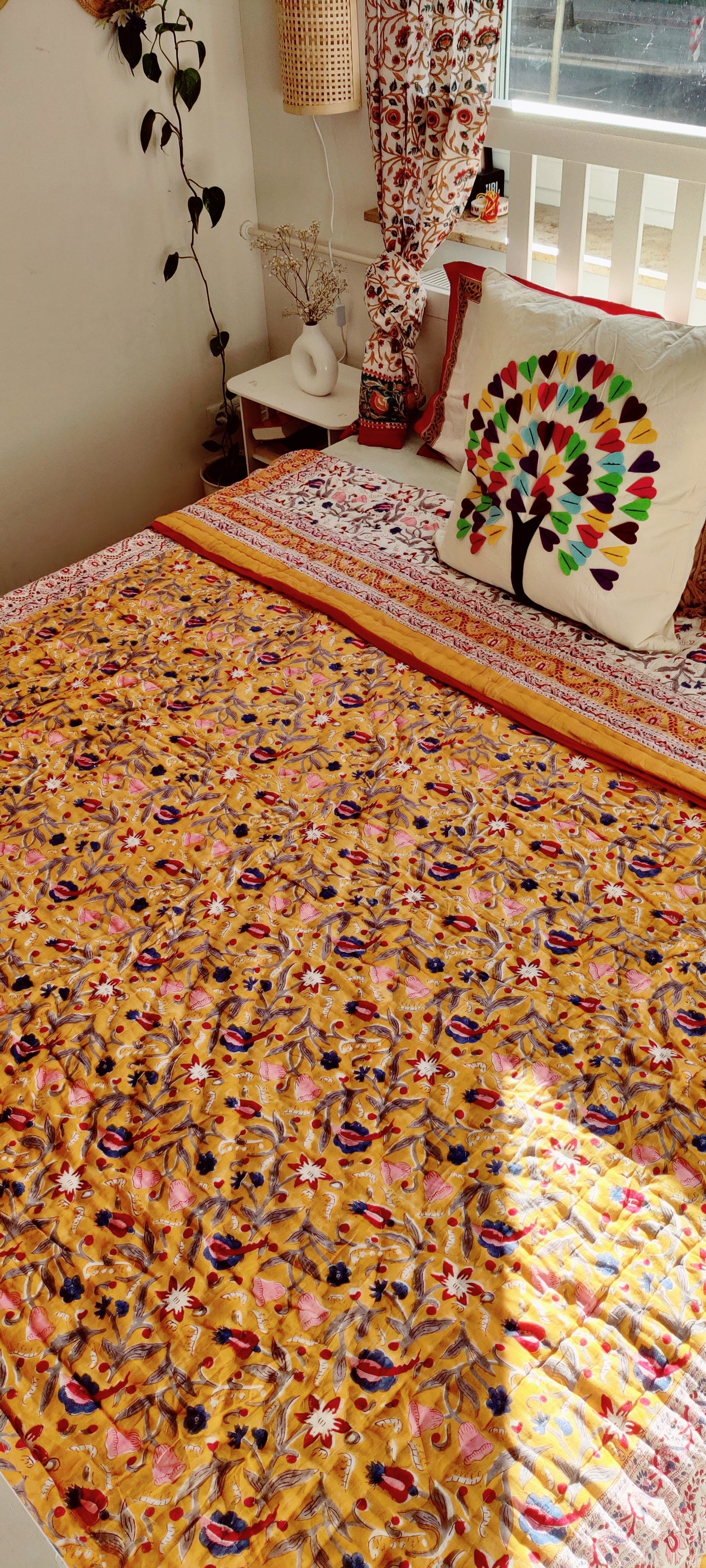 IMPRESSION À LA MAIN JAIPURI RAZAI/QUILT - JAUNE INDIEN