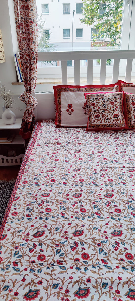 WHITE-RED COTTON HAND BLOCK PRINT FLAT SHEET