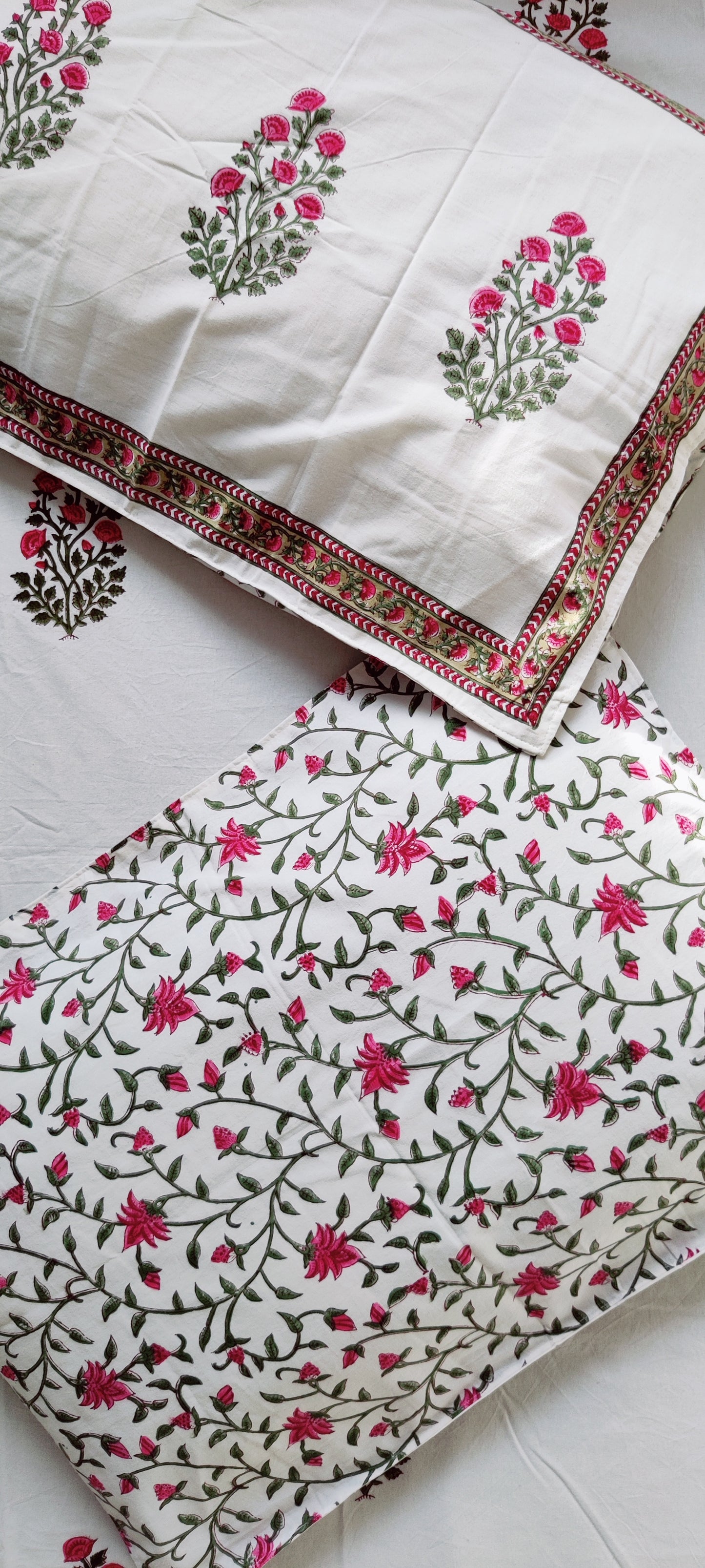 WHITE-SAGE-PINK COTTON HAND BLOCK PRINT FLAT SHEET