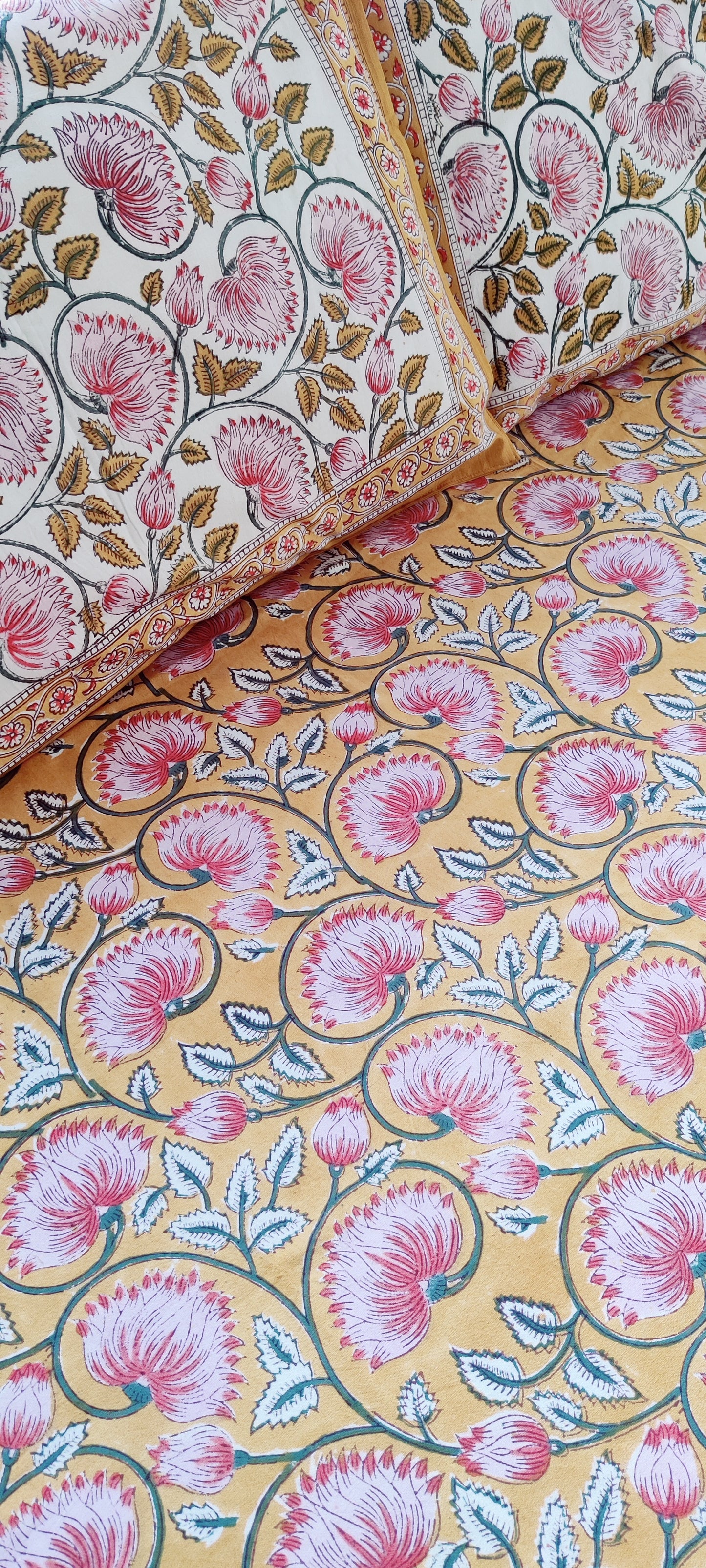 YELLOW-PINK LOTUS COTTON HAND BLOCK PRINT FLAT SHEET