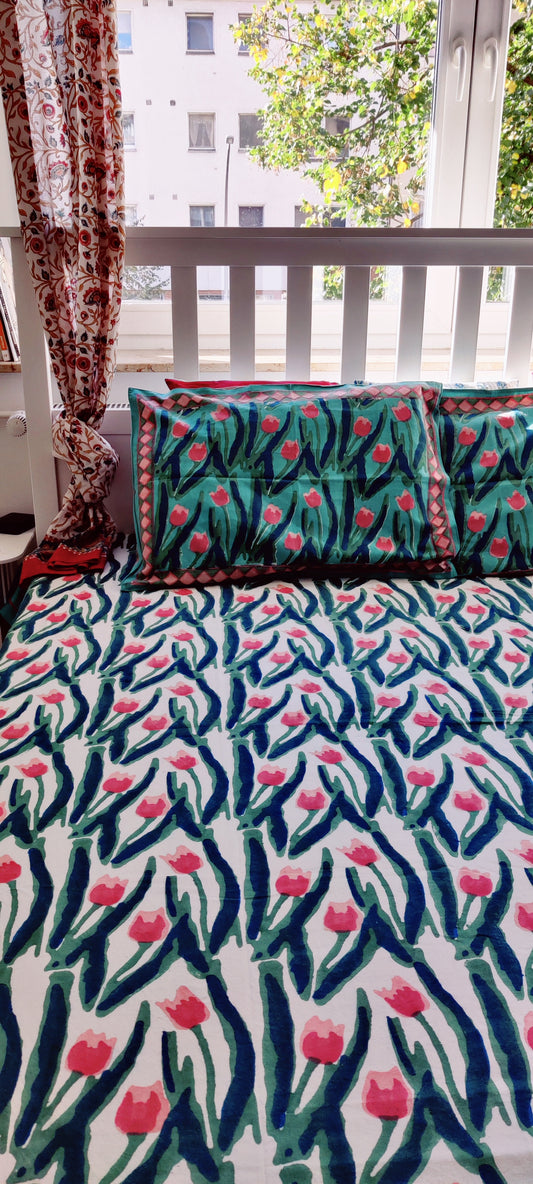 FOREST GREEN COTTON HAND BLOCK PRINT FLAT SHEET