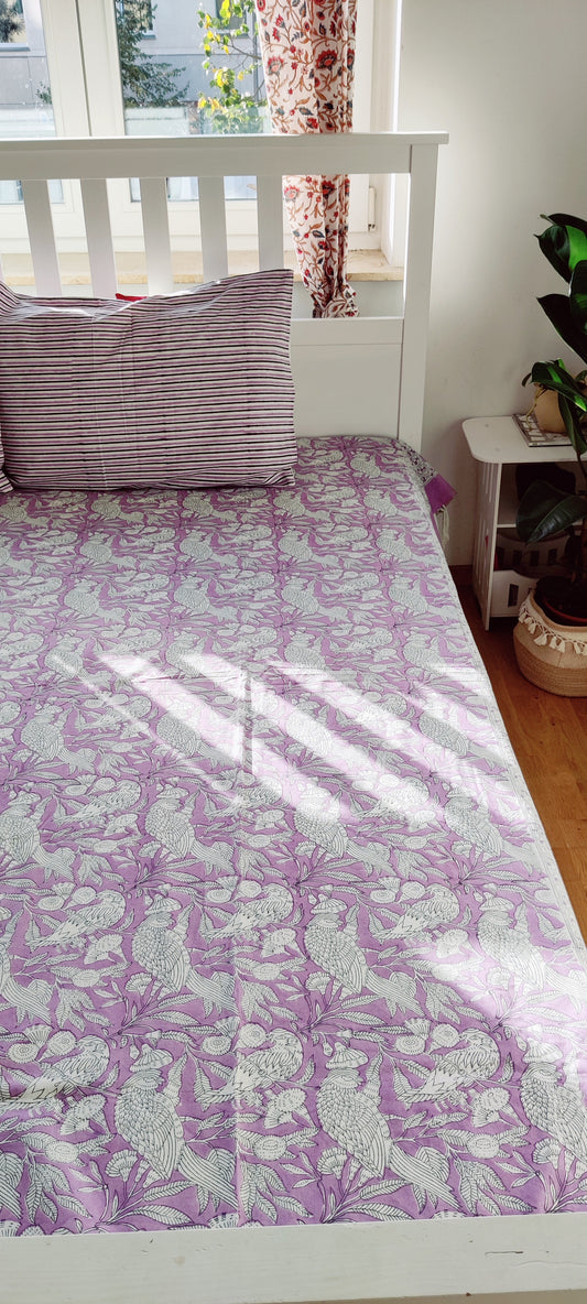 LILAC BIRDS COTTON HAND BLOCK PRINT FLAT SHEET