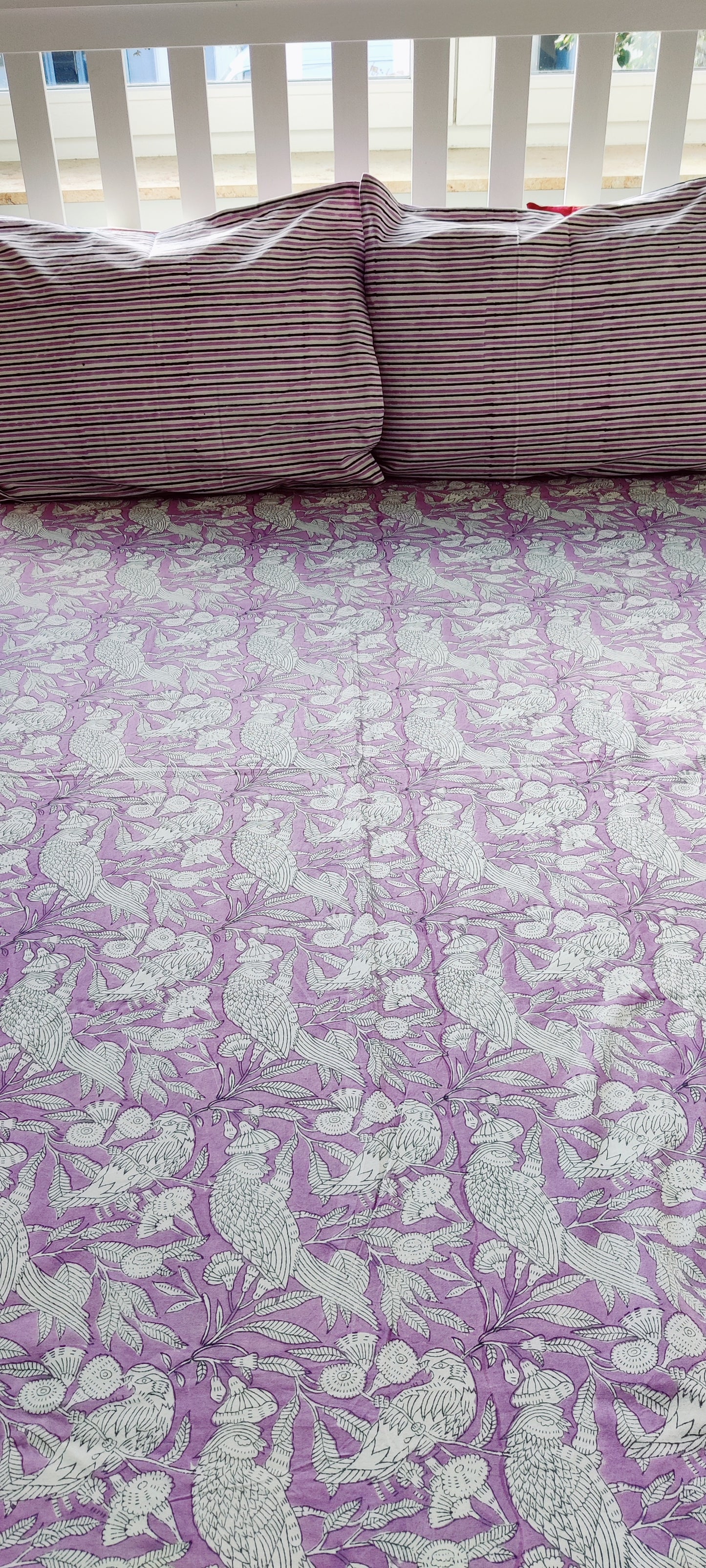 LILAC BIRDS COTTON HAND BLOCK PRINT FLAT SHEET