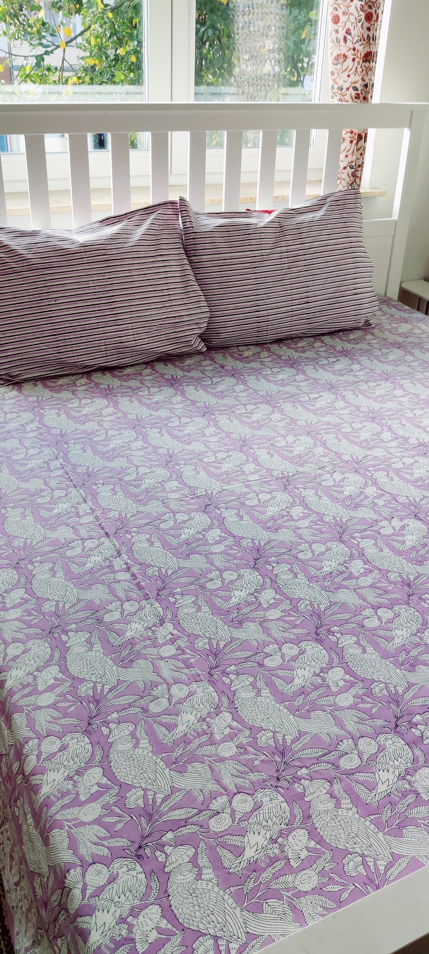 LILAC BIRDS COTTON HAND BLOCK PRINT FLAT SHEET