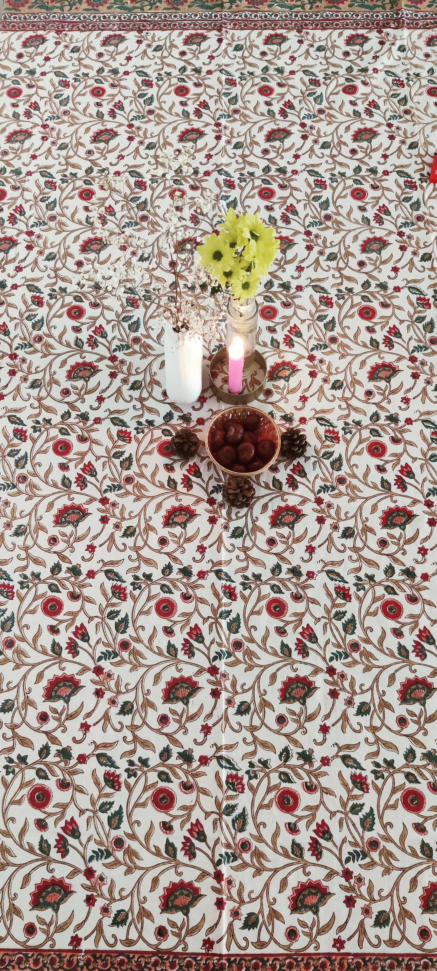 WHITE-RED COTTON HAND BLOCK PRINT TABLE COVER