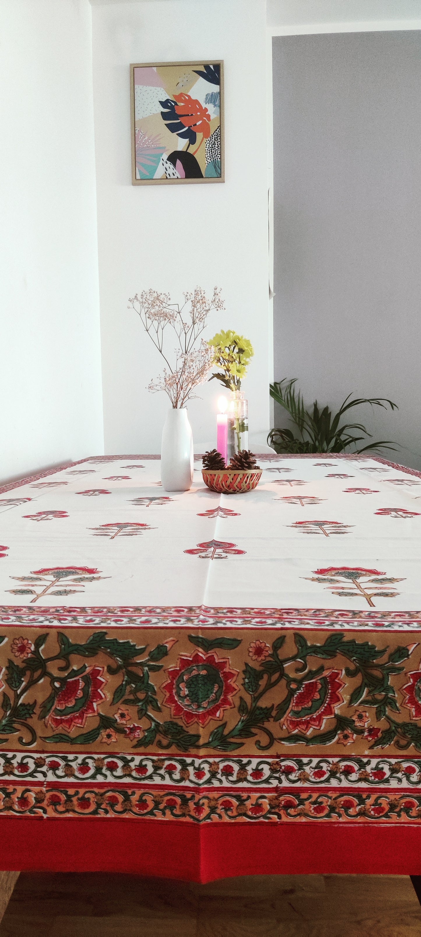 RED AND WHITE COTTON HAND BLOCK PRINT TABLE COVER