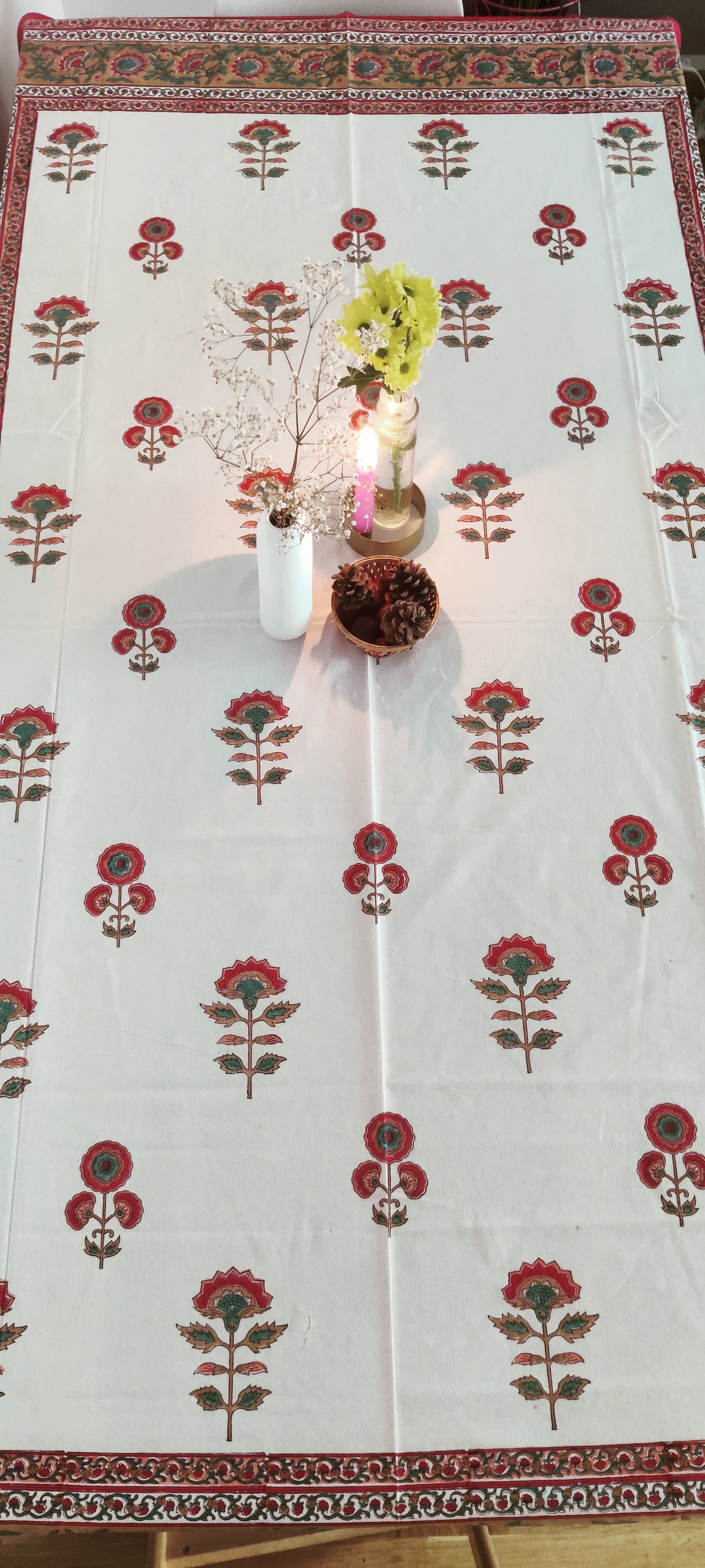 RED AND WHITE COTTON HAND BLOCK PRINT TABLE COVER