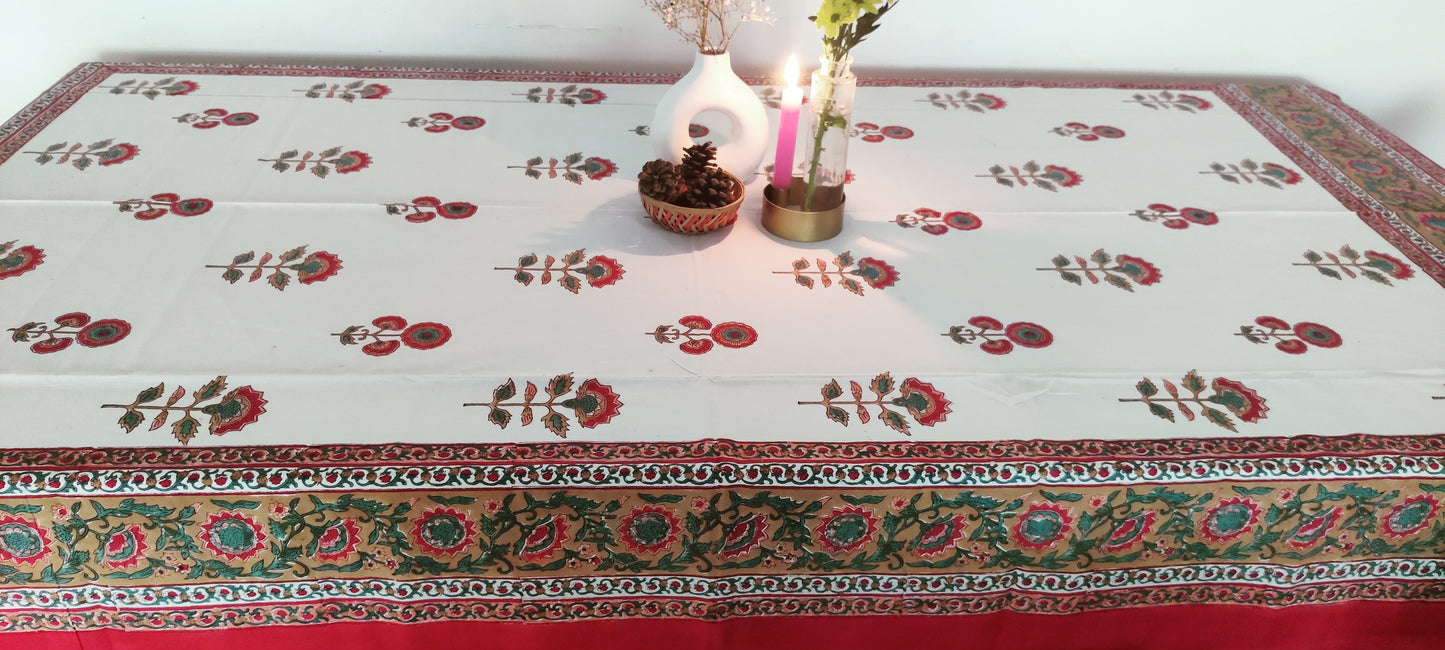 RED AND WHITE COTTON HAND BLOCK PRINT TABLE COVER