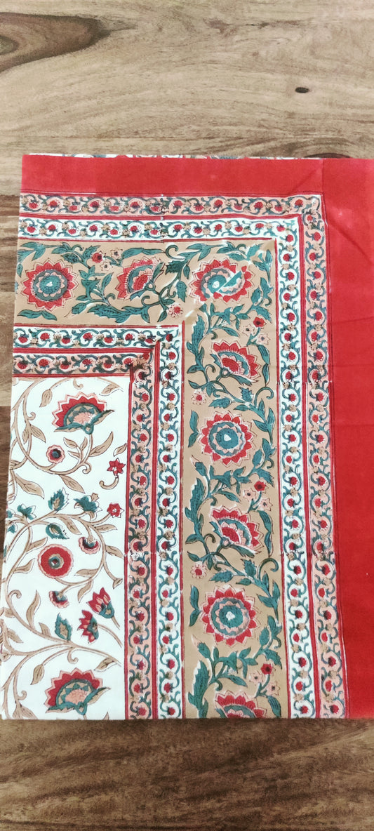 WHITE-RED COTTON HAND BLOCK PRINT TABLE COVER