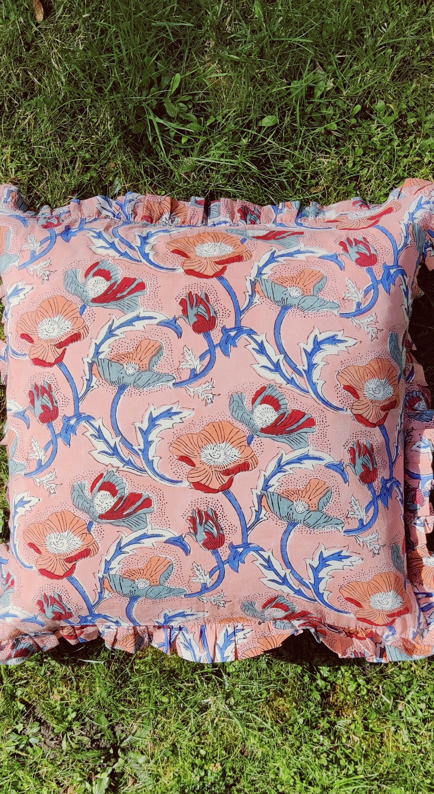 HAND BLOCK PRINTED CUSHION COVER - FLORAL CORAL