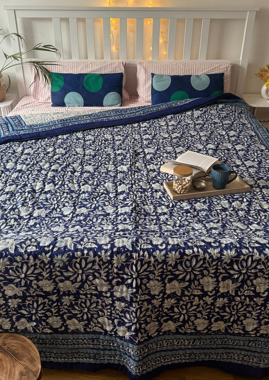 HAND BLOCK PRINT JAIPURI RAZAI/ QUILT - FLORAL BLUE