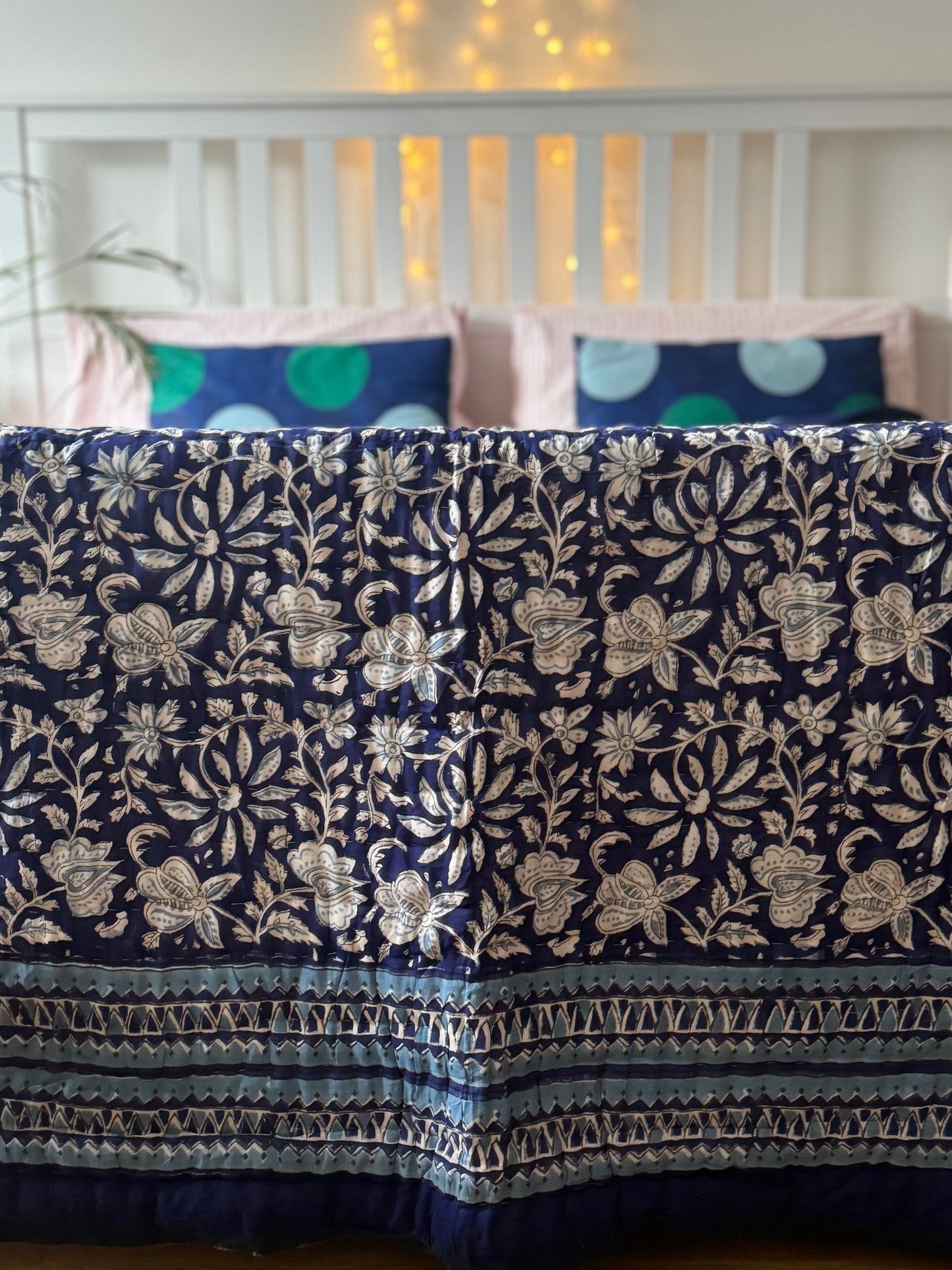 HAND BLOCK PRINT JAIPURI RAZAI/ QUILT - FLORAL BLUE