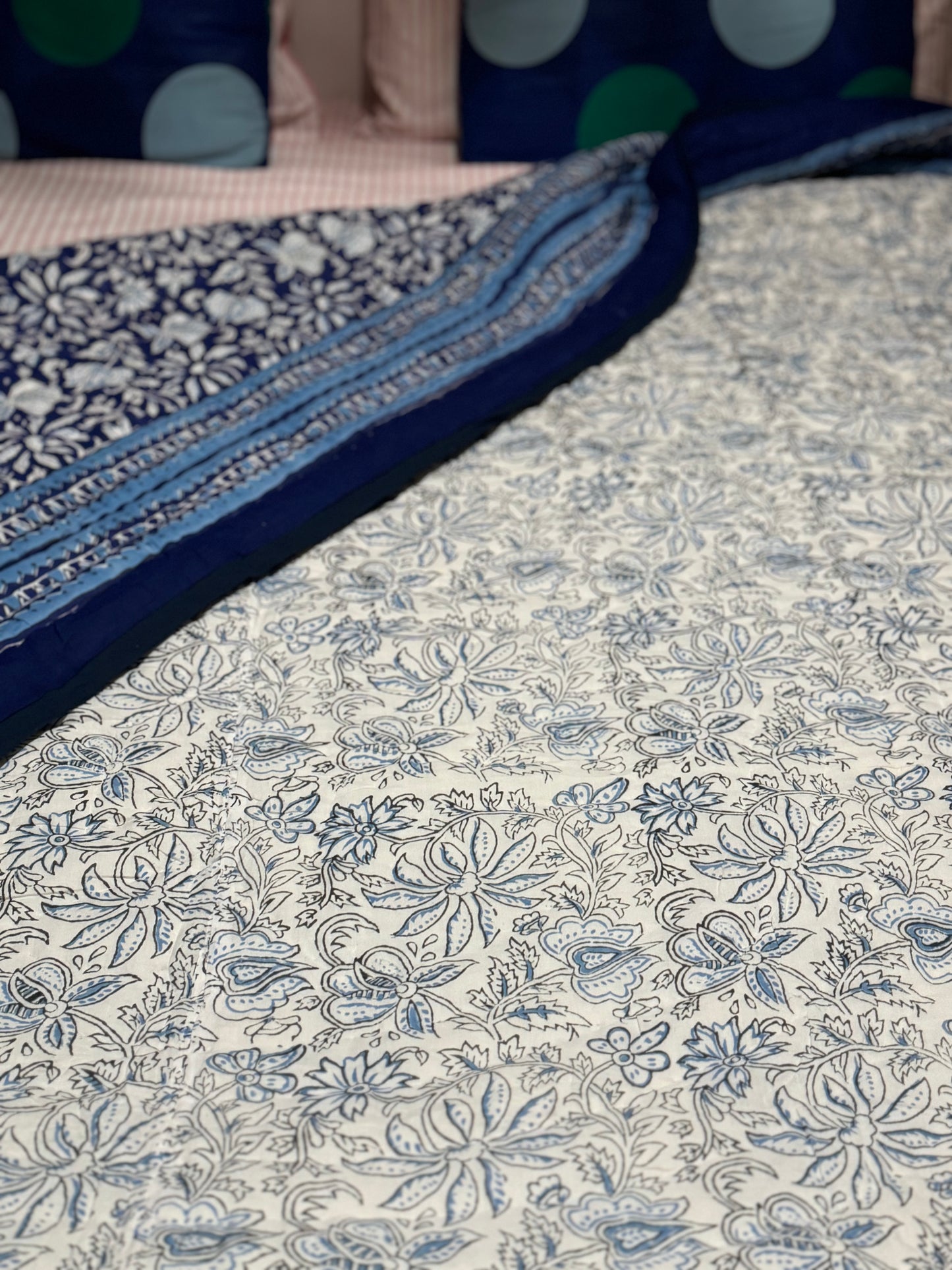 HAND BLOCK PRINT JAIPURI RAZAI/ QUILT - FLORAL BLUE