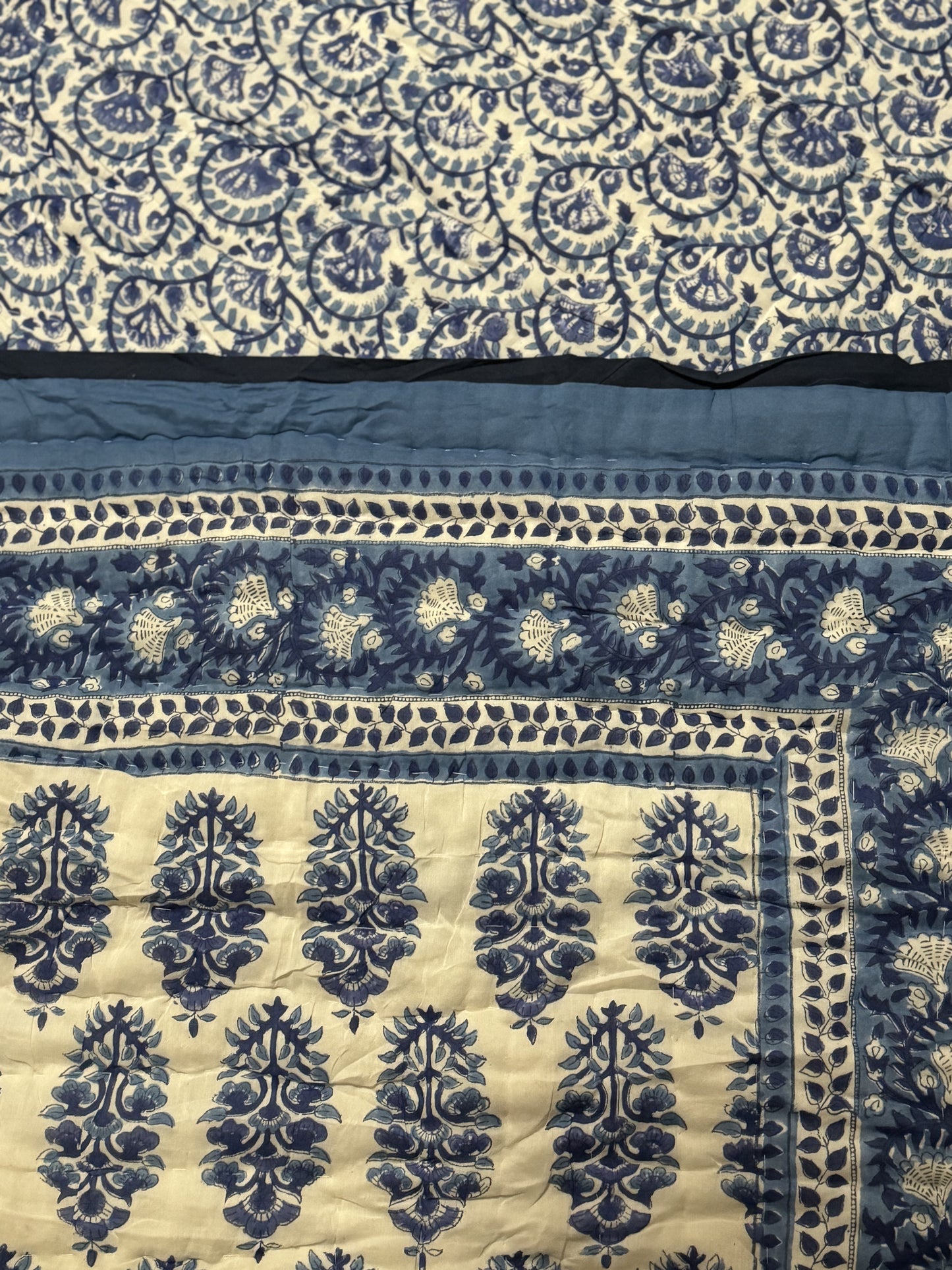 HAND BLOCK PRINT JAIPURI RAZAI/ QUILT - WHITE AND BLUE MOTIF