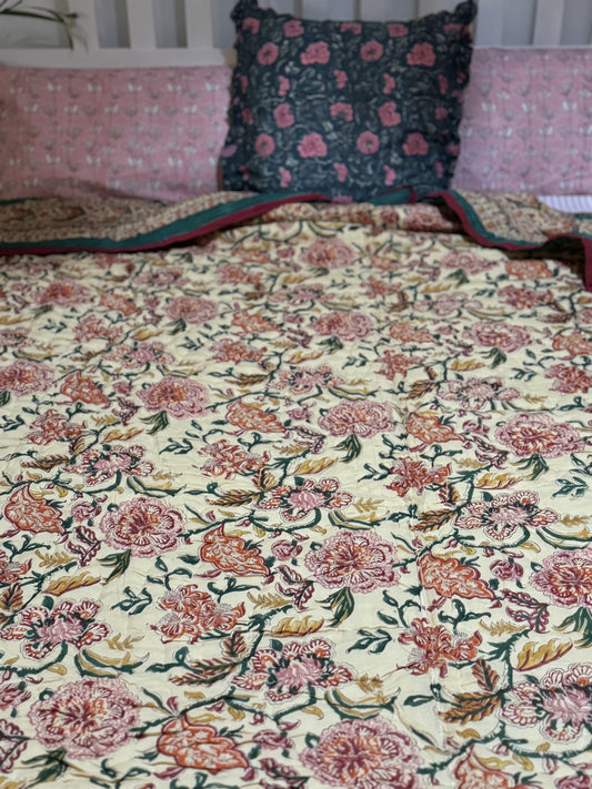 HAND BLOCK PRINT JAIPURI RAZAI/ QUILT - GREEN AND OFFWHITE