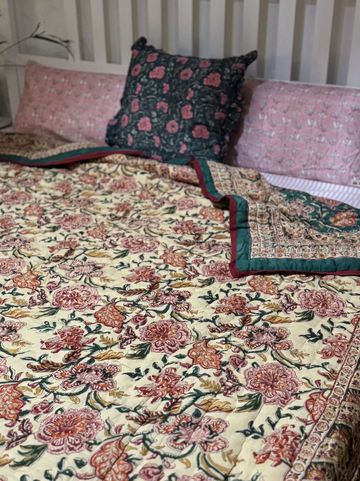 HAND BLOCK PRINT JAIPURI RAZAI/ QUILT - GREEN AND OFFWHITE