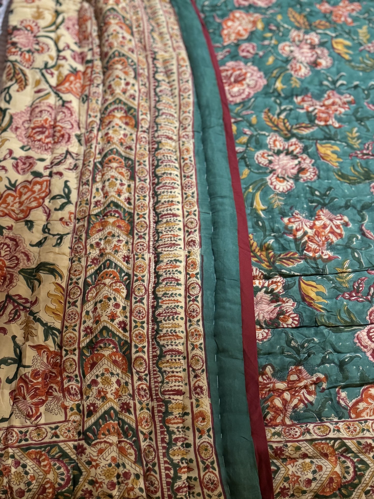 HAND BLOCK PRINT JAIPURI RAZAI/ QUILT - GREEN AND OFFWHITE