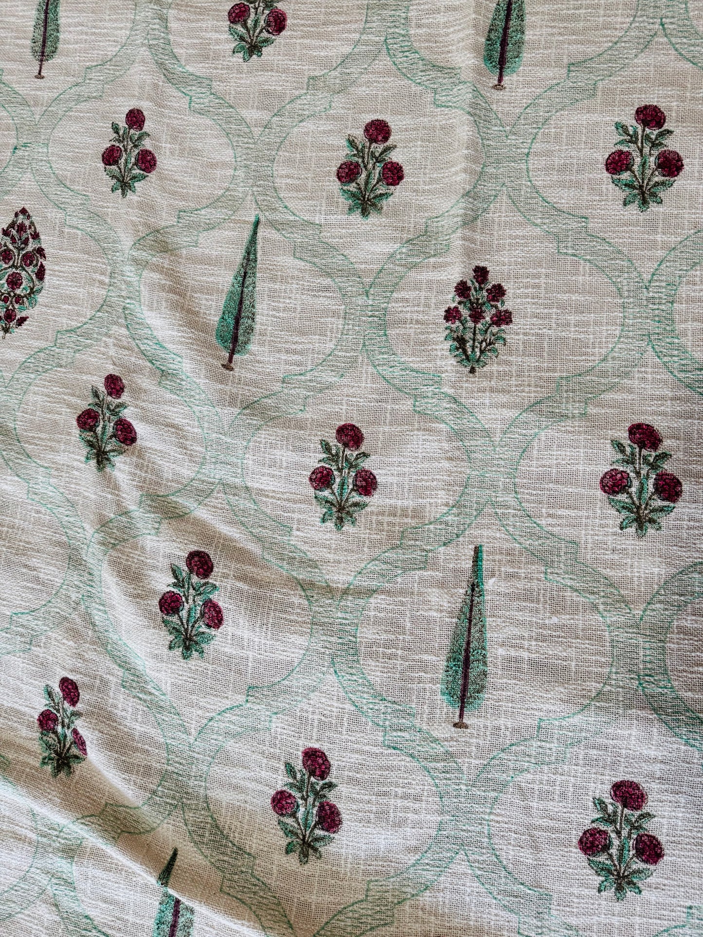 OFF WHITE BLOCK PRINTED WOVEN SLUB COTTON BEDCOVER