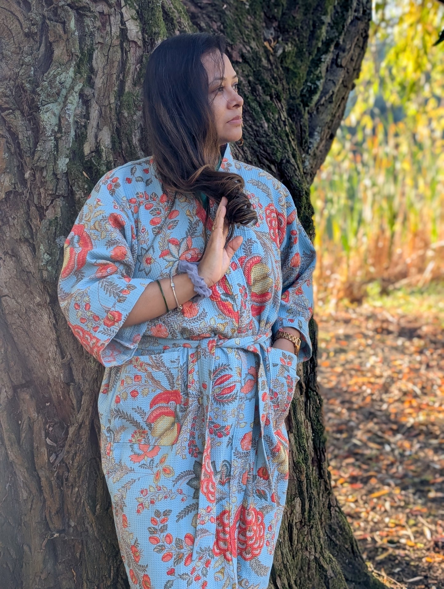 TURQUOISE WAFFLE COTTON BATHROBE