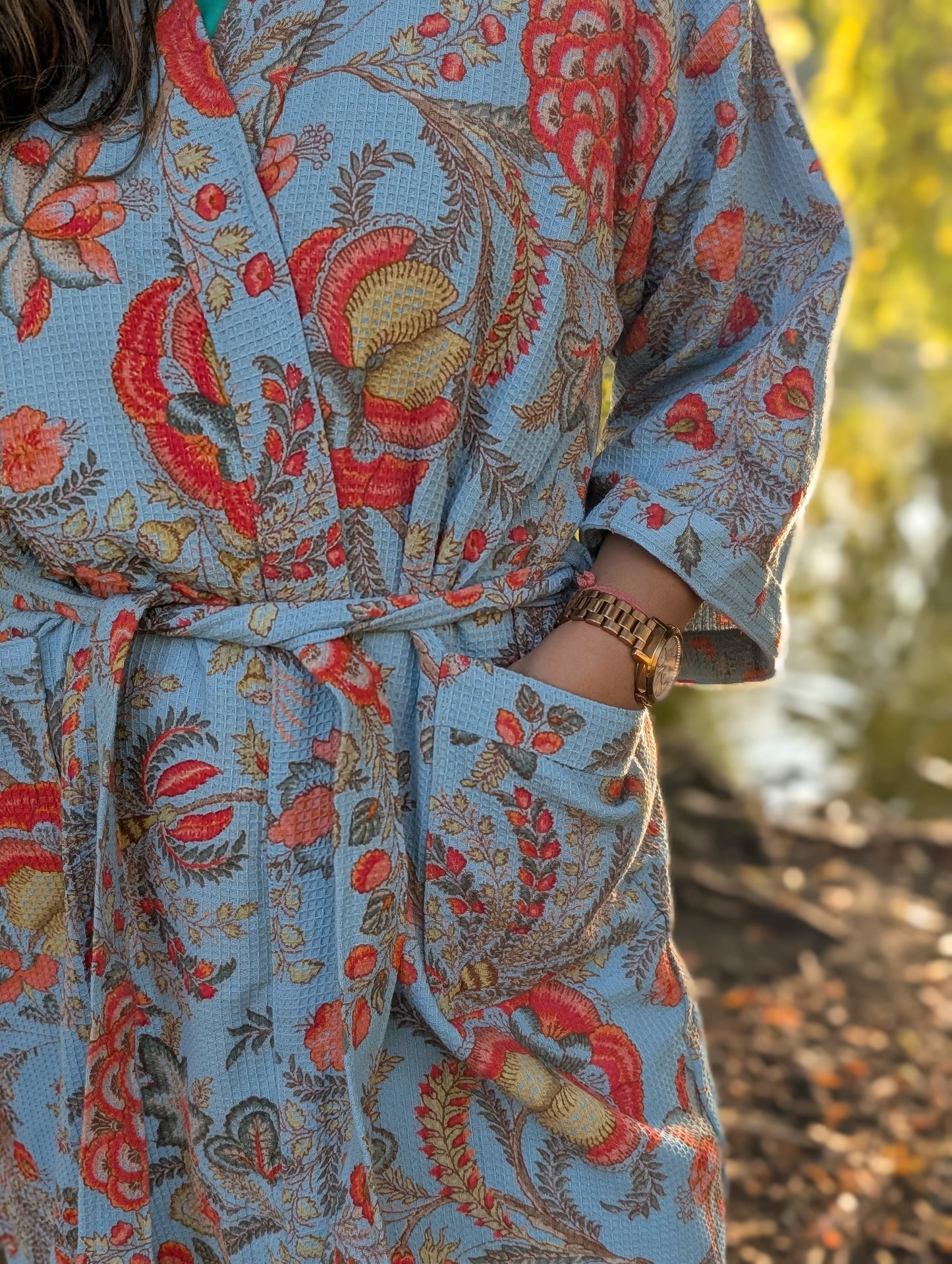 TURQUOISE WAFFLE COTTON BATHROBE