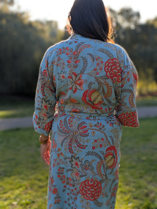 TURQUOISE WAFFLE COTTON BATHROBE