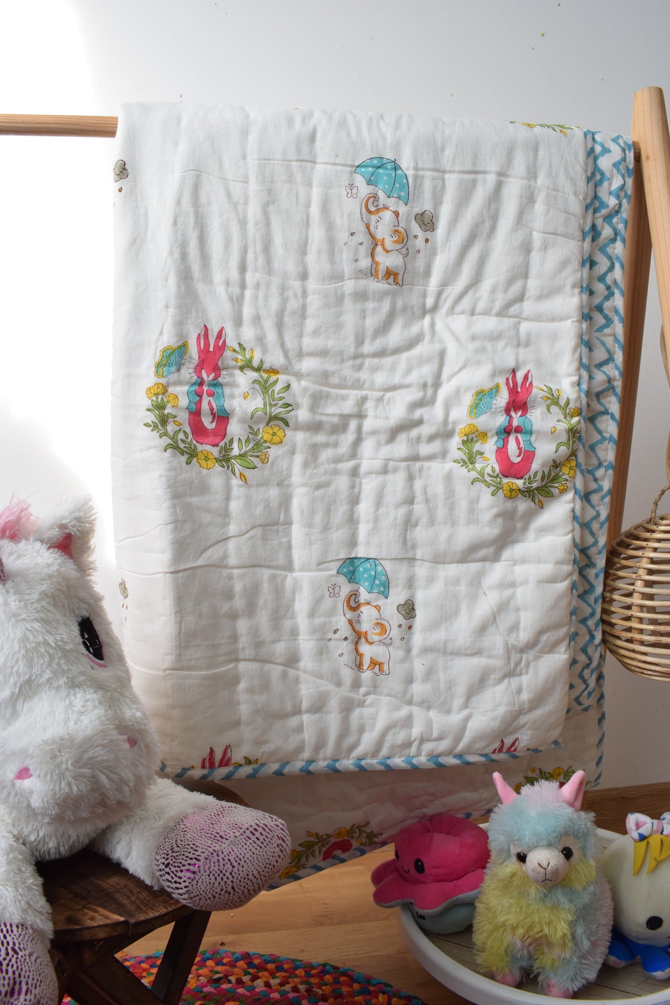 Bunny and Elephant Handblock printed reversible mulmul baby quilt