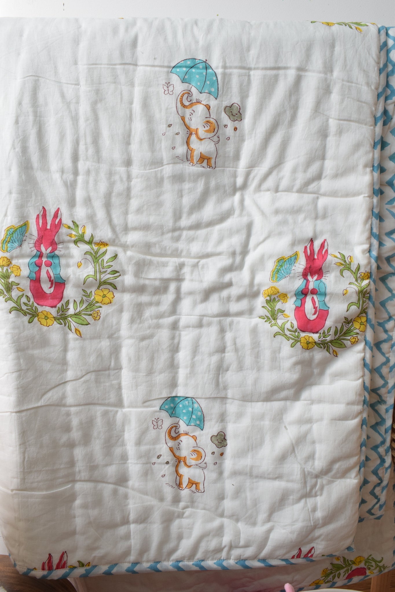 Bunny and Elephant Handblock printed reversible mulmul baby quilt
