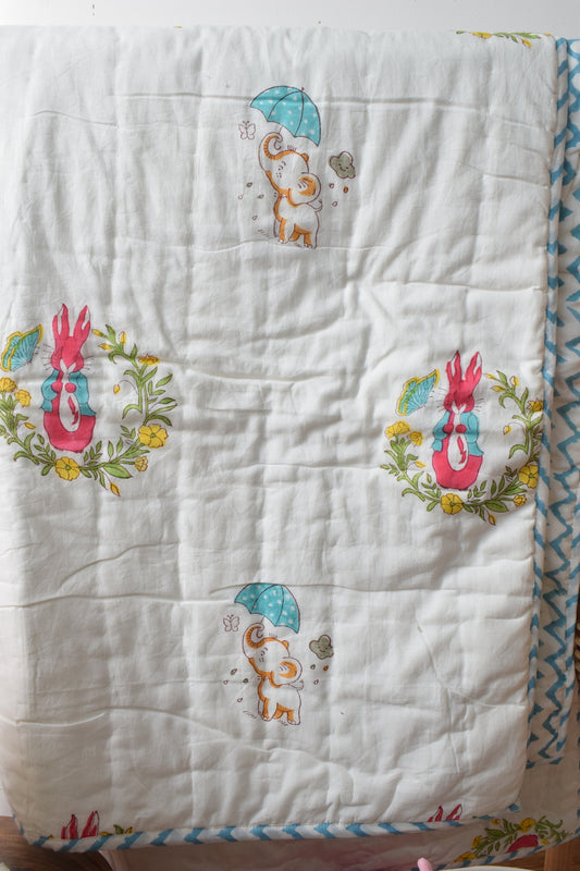 Bunny and Elephant Handblock printed reversible mulmul baby quilt