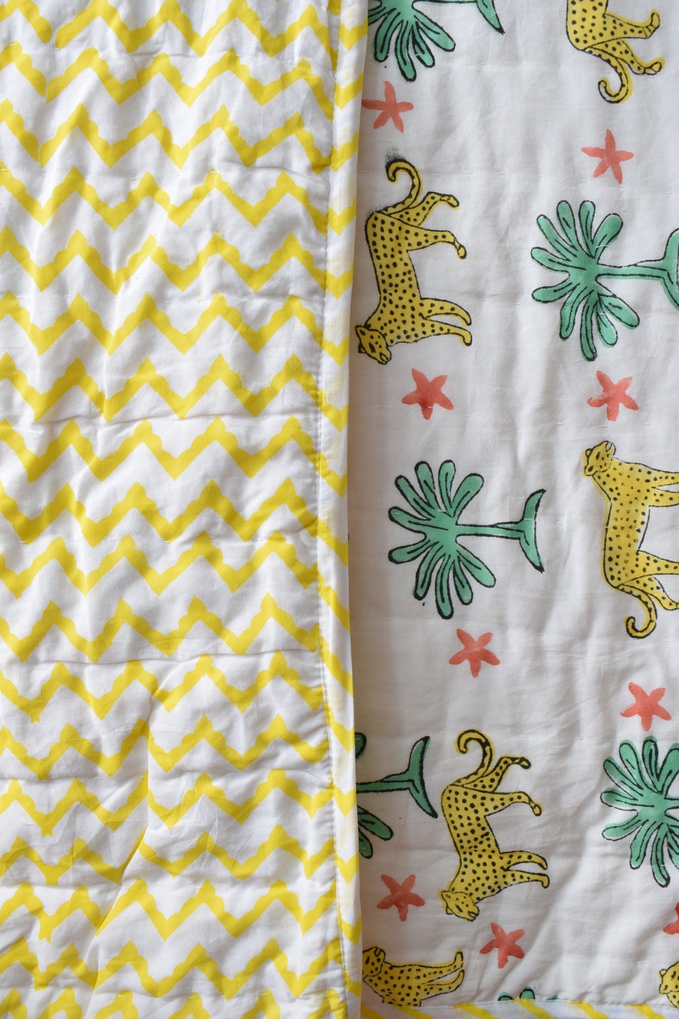 Cheetah Handblock printed reversible mulmul baby quilt